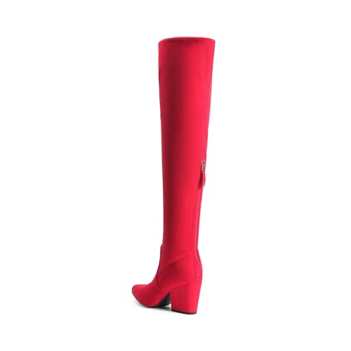 DREAM PAIRS Women's Pointed Toe Thigh High Over the Knee Boots Tall Chunky Blocked Heel Fall Long Fashion Sexy Boots,Size 10,Red,DWUMOB2506