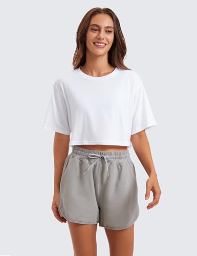Image of CRZ YOGA Pima Cotton High Neck Crop T-Shirt | Workout, Naturally Soft, Loose Fit, Short Sleeve Tops for Women