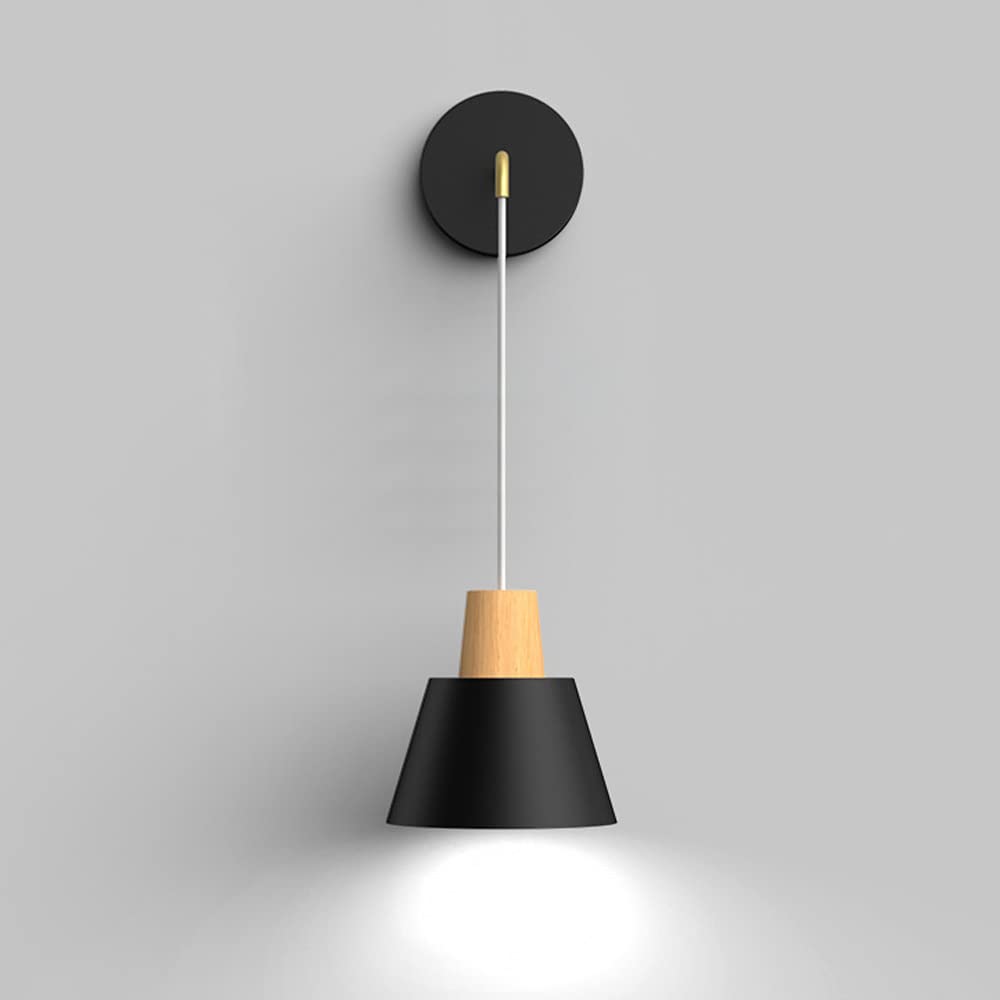 SXSCARKX Nordic Wall Sconce Wood Hanging Light Metal Lamp Shade, Modern Mount Lighting Fixtures Simple Headboard Lamps for Bedroom Bedside Living Room, E27 Socket (Color : Svart)