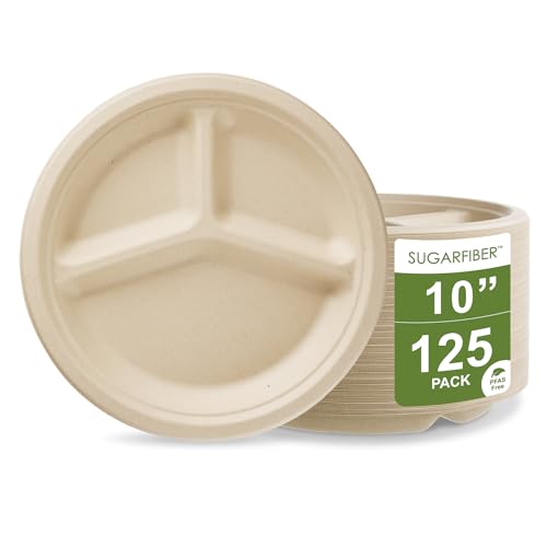[125 COUNT]Harvest Pack 10-inch Compostable 3 Compartment Disposable Paper Plates, Round Divided Eco-Friendly Bagasse Plates for Party Dinner, Made from Eco-friendly Sugarcane Plant Fibers