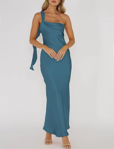 Image of 2026 Satin One Shoulder Maxi Dress for Women Summer Silk Formal Elegant Backless Ruffle Sleeveless Wedding Guest Dresses
