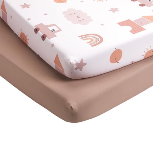 Image of TILLYOU Mini Crib Fitted Sheets - Soft Knit Sheet for Pack N Play, Microfiber Mini Crib Sheets, 38 x 24 Playpen Bedding Sheet for Baby 2 Pack, Machine Washable, Block car