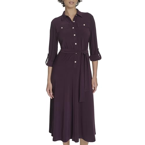Tommy Hilfiger Women's Roll Tab Sleeves Collared Solid Jersey Shirtdress