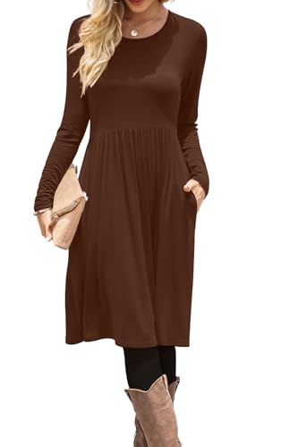 DB MOON Women Casual Long Sleeve Dresses Empire Waist Loose Dress with Pockets (Brown 02, XL)