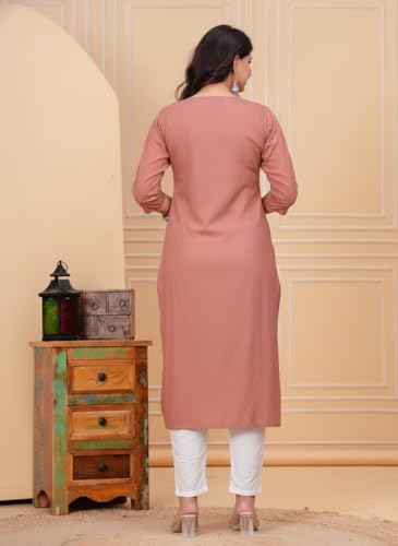 Image of Cotton Linen A-Line Long Kurti for Women Elegant V-Neck Regular Fit Solid Kurta Daily Formal Office Festival Wear