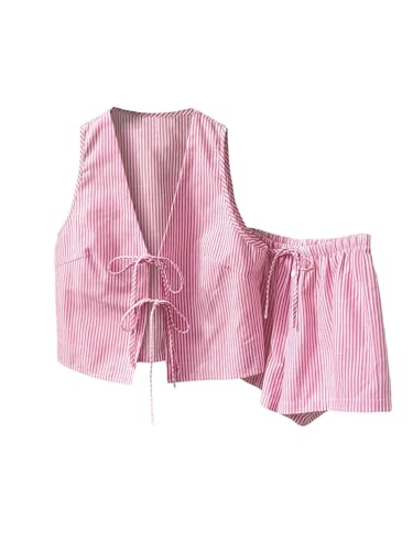 SweatyRocks Women's 2 Piece Matching Sets 2026 Fashion Tie Front Vest and Shorts Set Spring Going Out Vacation Outfits Pink Large