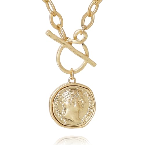 MISS SECRET Chunky Gold Necklaces for Women Coin Statement Necklace Antique Silver and Gold Chain Thick Toggle Pendant Trendy Fashion Jewelry