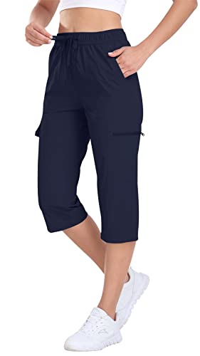 Mofiz Cargo Capris For Women With Pockets Quick Dry Lightweight Elastic Waist Cargo Pants For All Seasons Navy X-Small #TOP19