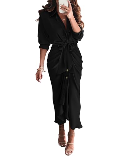 BTFBM Maxi Dresses for Women Fall 2025 Long Sleeve Lapel Neck Button Down Elegant Satin Belted Ruched Summer Shirt Dress