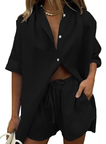 Image of Fixmatti Women 2 Piece Outfits Long Sleeve Button Down Blouse and Shorts Sweatsuit Sets