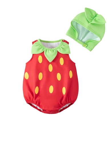 Ecolala Baby Girl Romper Cute Strawberry Fruit Costume Newborn Infant Summer Outfit with Hat Baby Clothes 3-18 Months Red 12-18 Months