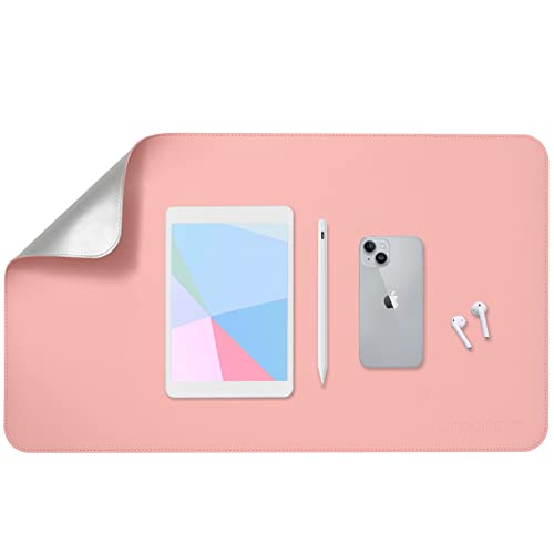 Image of AROPANA Vegan Leather Desk Mat | Large Reversible Mouse Pad & Computer Table Protector | Dual-Side Waterproof Extended Laptop Pad with Edge-Stitched Design (60x35CM, Pink and Silver)
