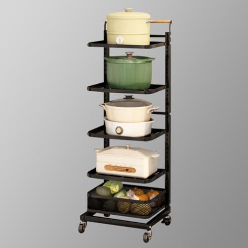 Carrito de cocina rodante – Nizer de almacenamiento de 5 niveles con 4 tablas y 1 cesta – Carrito utilitario negro versátil para oficina en casa y restaurante, solución de ahorro de espacio