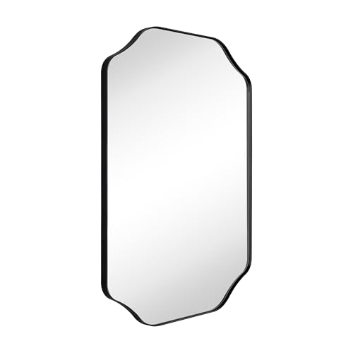 Image of TEHOME 24x32'' Scalloped Black Bathroom Vanity Mirror, Matt Black Rectangle Metal Framed Bathroom Mirror