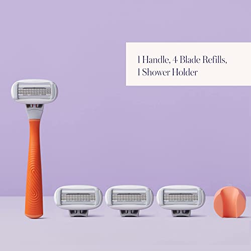 Flamingo 5-Blade Razors For Women - 1 Razor Handle + 4 5-Blade Refills + 1 Shower Holder - Papaya #TOP2