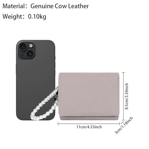 Genuine Real Leather Trifold Wallet with Coin purse for Women, ID Card Holder Case With Pearl Beads Hand Strap - Black2