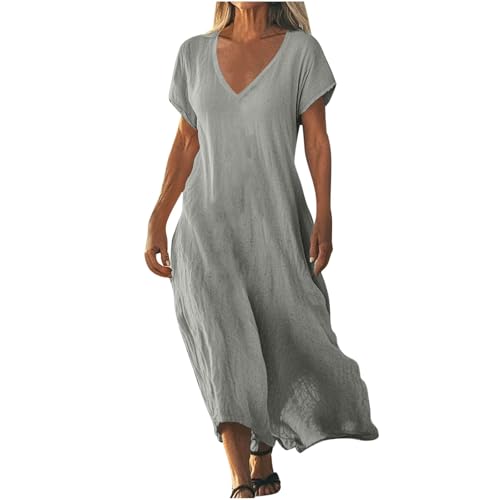 Strandkleid Damen Lang Sommerkleider Elegant Kurzarm Freizeitkleid Lose Boho Maxikleid V-Ausschnitt Kleider Baumwolle Leinen Kleid Einfarbig Beach...