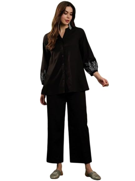 Women's Co-ord Set, Long Sleeve Top and Pants with Embroidered Details, One side pocket pant