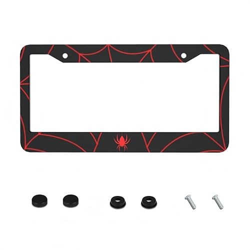 Red Spider Web License Plate Frame - Novelty Black Spider Web License Plate Holder Aluminum Metal Car Tag Cover with 2 Holes Customized Decorative for US Vehicle Standard for Women Men 1 Pack