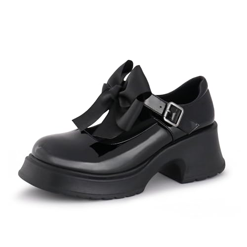 Women's Mary Janes Platform Chunky Block Heels Work Wedding Shoes Ankle Strap Gothic Lolita Oxfords Detachable Bow Classic Comfortable Uniform Dress Shoes