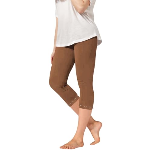 Girls Leggings, Capri Length with Lace Trim and Wide Waistband, Kids Teen Workout Running for Kids Teen Workout Running (Coffee, 12-13 Years)2