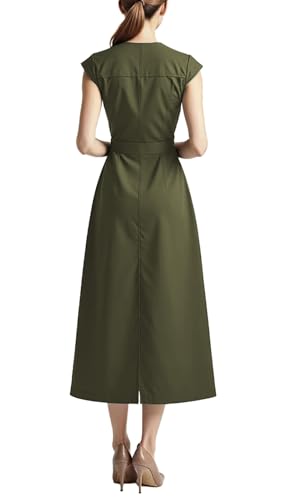 Image of DeftSharp Women's V Neck Workday Dresses Button Down Swing Midi Shirt Dress with Pockets