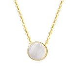 Carleen 14K Solid Real Yellow Gold Mother of Pearl Tiny Dot Disc 10mm Round Coin Simple Dainty Mini Little Small Pendant Necklace Minimalist Jewelry Anniversary Christmas Holiday Gifts for Women Girls, 18' Solid Gold Chain