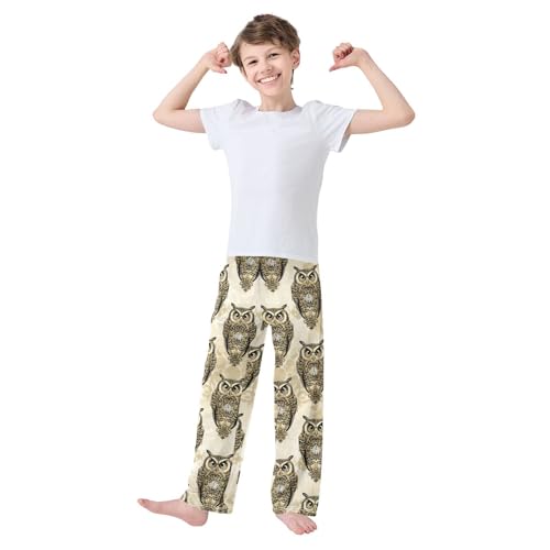 Retro Owl Boys Long Pants Soft Trousers Elastic Waist Kids Lounge Bottoms with Pockets S-XL3