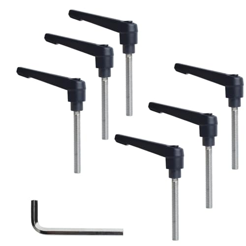 Image of Clamping Lever Handles with Quick Release Push Button Locking, 304 Stainless Steel M6 x 50mm Stud - Black (6 Pack)