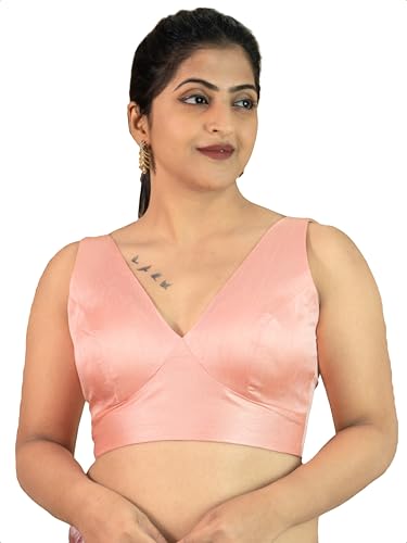 Image of FIGURE'S DESIGNER Women's Dupion Raw Silk Sleeveless V Neck Sabyasachi Cut Readymade Saree Blouse Padded Stitched S4