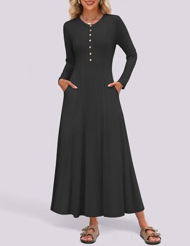 Image of ZESICA Women's Elegant Maxi Dresses 2026 Fall Long Sleeve Button Casual A Line Boho Flowy Dress with Pockets