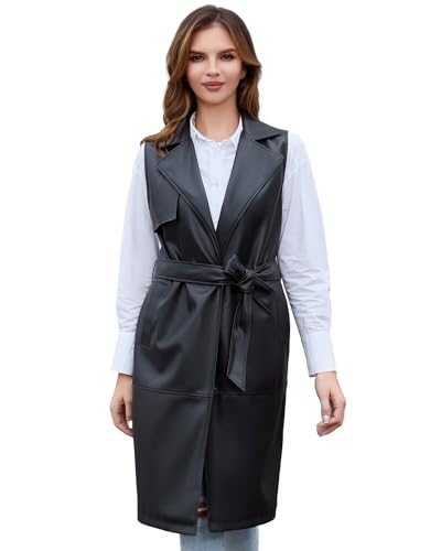 DIASHINY Chaleco de piel sintética para mujer, con solapa larga, sin mangas, drapeado, frente abierto, cárdigan de poliuretano, 122 Negro, Large
