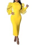 Ekaliy Women's See Through Bodycon Dress Long Puff Lantern Sleeve Sheer Mesh Dress Sexy Club Party Midi Dress Clubwear Yellow M