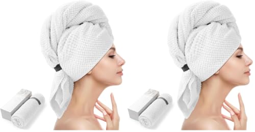 Image of YFONG X-Large Hair Towel Wrap for Women, Super Absorbent Microfiber Hair Towel for Curly Hair, Fast Drying Hair Turbans with Elastic,Hair Drying Towel Wrap for Hair Care 30 inch X 40 inch (White) (Pack of 2)