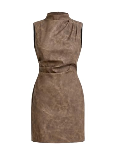 Image of RoseSeek Women's PU Leather Ruched Bodycon Dresses Mock Neck Sleeveless Zipper Mini Tank Dress