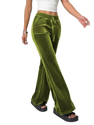 LifeShe Womens Velvet Flare Pant Drawstring Waist Bell Bottom Leggings Casual Long Palazzo Trousers3