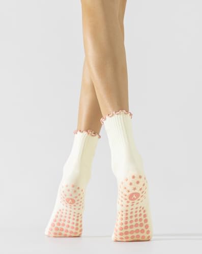 Image of Yawlsow Cute Pilates Grip Socks for Women Ruffle Frilly Yoga Socks Non Slip Cotton Crew Grippy Sock for Barre Workout