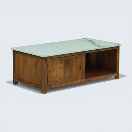 Image of Solid Wood Madrid Centre Table with Premium Sintered Stone Top for Living Room | Wooden Coffee Table | Dark Teak Finish | 110 x 60 x 40 cm