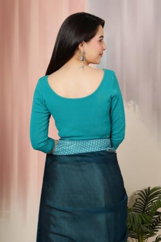 Image of Mlada V-Neck Stretchable Saree Blouse Top for Women | Slim Fit 3 /4th Sleeves Solid Cotton Blouses | Readymade Saree Blouses for Women Festive & Ethnic | Blouse Crop Top