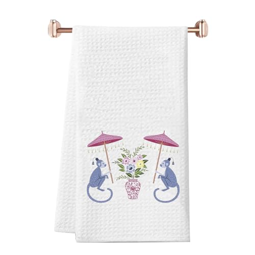 WCGXKO Chinoiserie Monkey Kitchen Towel Blue Monkey with Pink Umbrella Gift for Animal Lover (Monkey Towel)