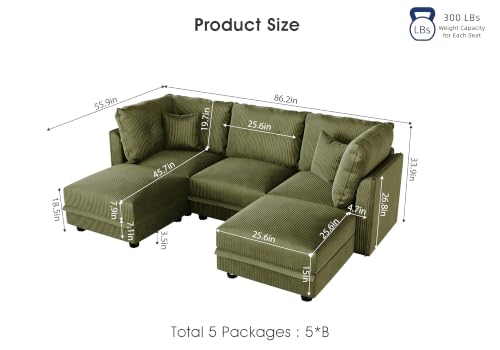 Image of LLappuil Modular Sectional Sofa with Storage, U-Shaped 5-Seat Corduroy Couch with 5 Throw Pillows, Pet-Friendly Convertible Sofa for Small Space, Skin-Friendly, Green