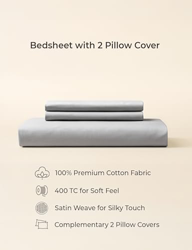 Image of Symbol Premium 100% Pure Cotton Soft Bedsheet for Double Bed - King Size (108x108 inches) with 2 Pillow Covers (27x17 inches) | 400 Threadcount