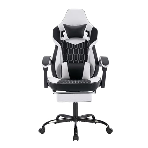 Image of Gaming Desk Chair for Adults, Ergonomic Gaming Chair with Footrest & Headrest and Lumbar Support, Leather Material Height Adjustable Computer Video Game Chairs (Black+White-1)