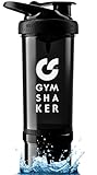 Gymshaker mit Pulverfach 600 + 150 ml - Premium Protein Shaker mit Wabenstruktur-Sieb für cremige Shakes - auslaufsicher & BPA frei - Schwarz