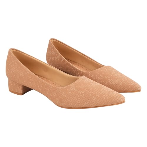 Image of Shoetopia Women's Low Block Heel Pumps - Elegant Pointed Toe Slip-On Dress in Textured Finish - Comfortable Office & Formal Footwear