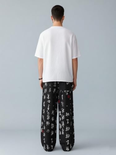 Image of Mens Boho Hippie Harem Pants | Black Printed Wide-Leg Trousers | Koren Streetwear Loose Baggy Fit Summer Lounge Yoga Lowers |Trouser Relaxed Fit for Men | Men Drawstring Pants