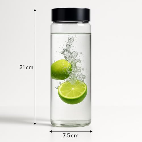 Image of 750ml Glass Water Bottles with Black Lids (Pack of 2) - Modern Textured Design - Airtight Plastic Cap - Premium Reusable Fridge Storage Containers for Juice, Milk, Iced Tea & Smoothies