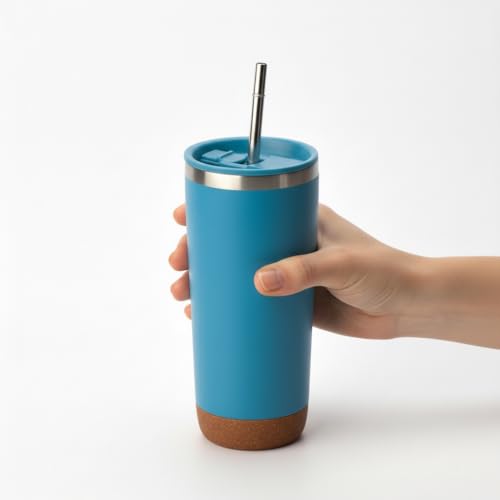 590 ml Paslanmaz Çelik Pipetli Termos Kupa - 4 Renk Seçeneği (Siyah, Yeşil, Gri, Mavi) - Sıcak ve Soğuk Tutan Mug - Araç ve Ofis Bardağı (Mavi)