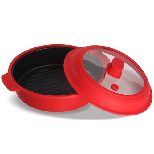 Comparison: Best Microwave Grill Pan 3 Microwave Grill Pan, Fry Griddle Crisper Pan with Lid for Grilling Browning and Crisping Foods Microwave Silicone Cookware for Meat Sandwich Vegetable Red