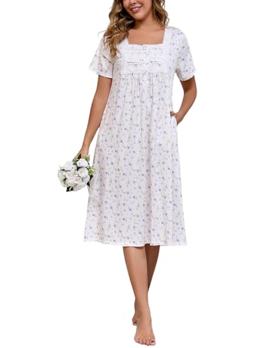 Rubehoow Old-fashioned Nightgowns for Ladies Retro Moomoo Short Sleeve Nightdress with Button Lilac, L